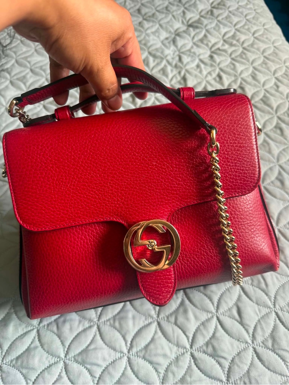 Gucci Red Leather Satchel with Gold Chain and GG Hardware